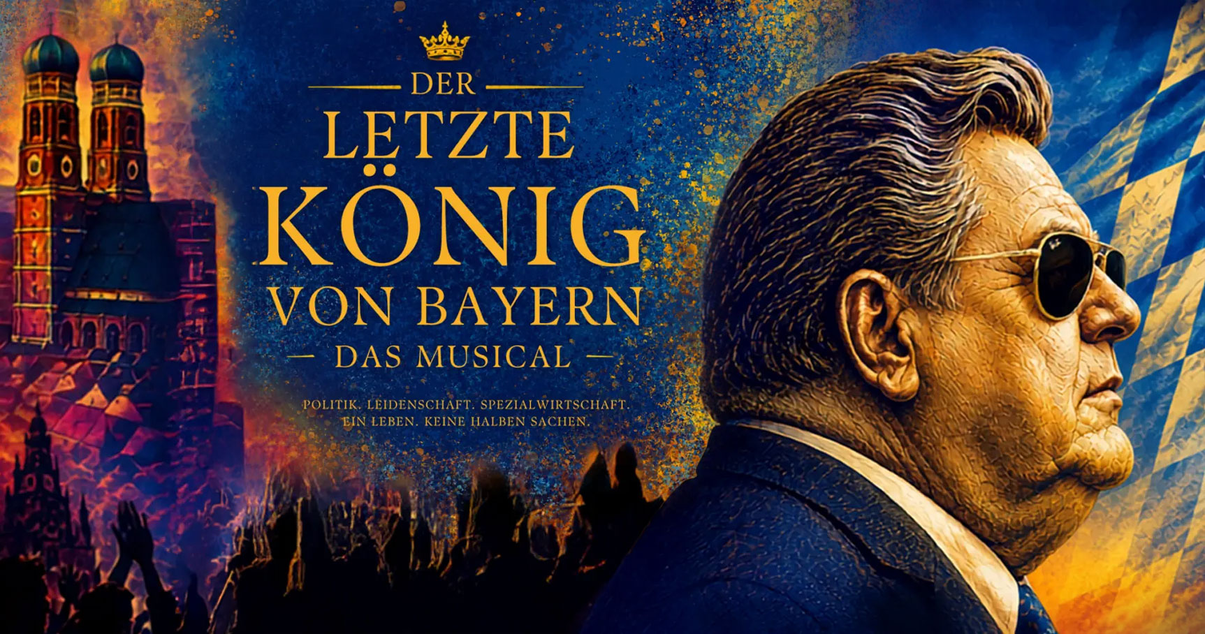 Keyvisual des Musicals &sbquo;Der letzte K&ouml;nig von Bayern&lsquo; mit M&uuml;nchner Frauenkirche und Rathaus, jubelnder Menschenmenge sowie Franz Josef Strauss mit Sonnenbrille im Profil